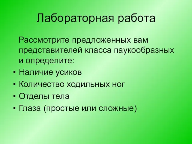 Лабораторная работа Рассмотрите предложенных вам представителей класса паукообразных и определите: Наличие усиков