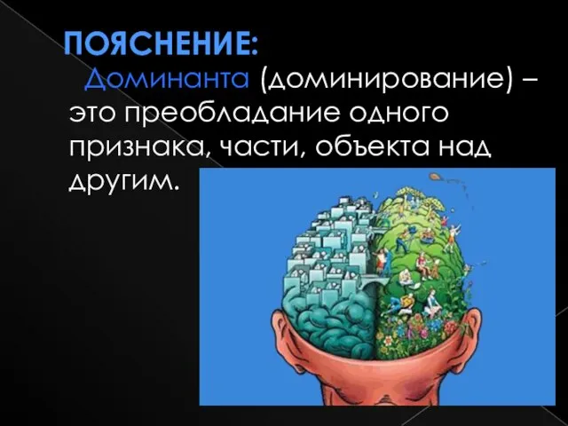 Пояснение: Доминанта (доминирование) – это преобладание одного признака, части, объекта над другим.