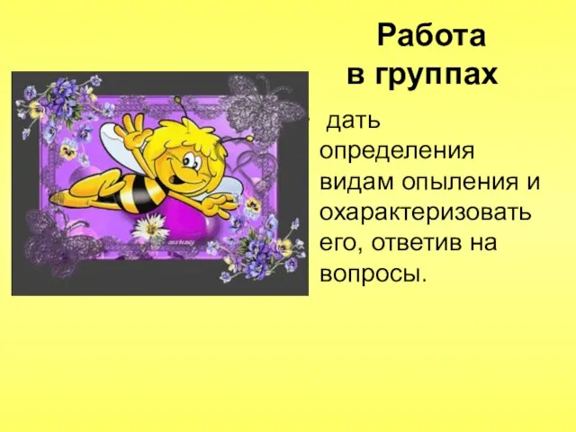 Работа в группах дать определения видам опыления и охарактеризовать его, ответив на вопросы.