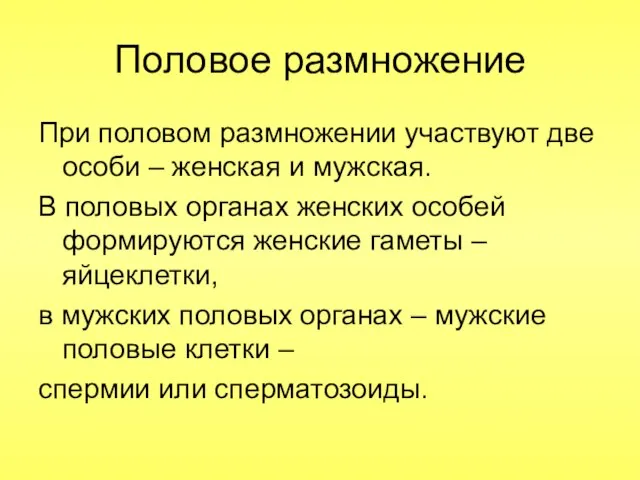 Половое размножение При половом размножении участвуют две особи – женская и мужская.