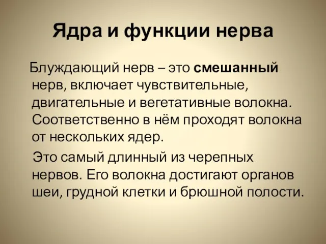 Ядра и функции нерва Блуждающий нерв – это смешанный нерв, включает чувствительные,