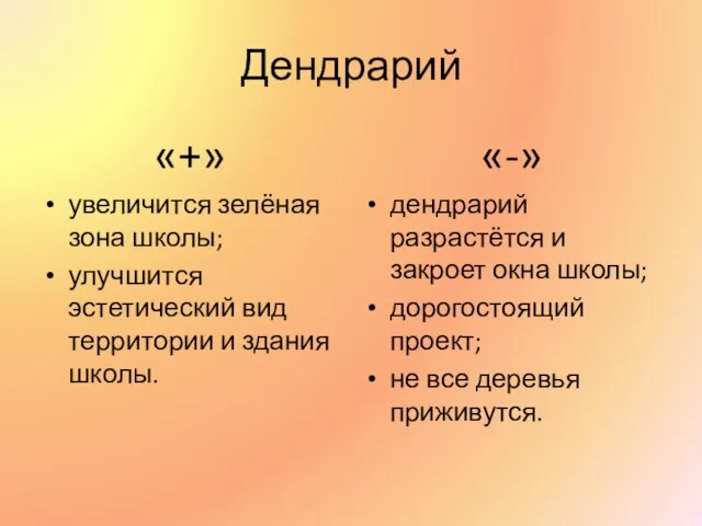 Дендрарий «+» увеличится зелёная зона школы; улучшится эстетический вид территории и здания