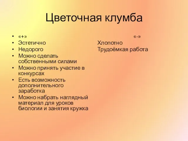 Цветочная клумба «+» Эстетично Недорого Можно сделать собственными силами Можно принять участие