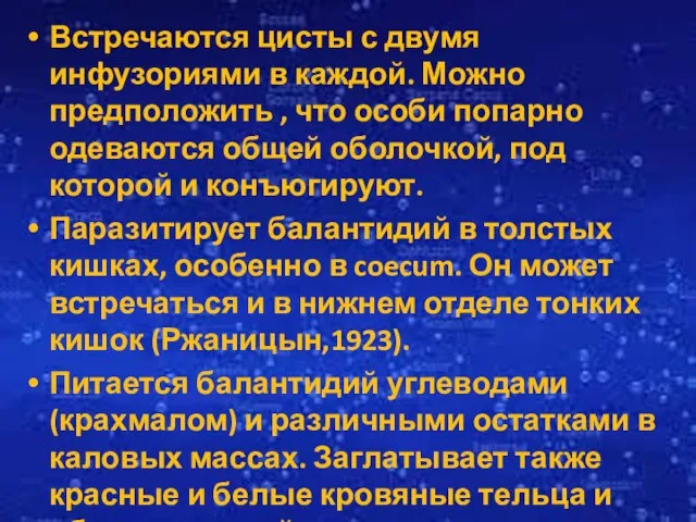 Встречаются цисты с двумя инфузориями в каждой. Можно предположить , что особи