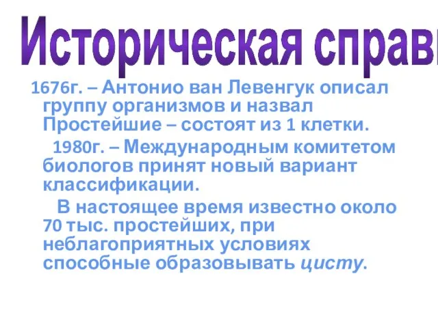 Историческая справка 1676г. – Антонио ван Левенгук описал группу организмов и назвал