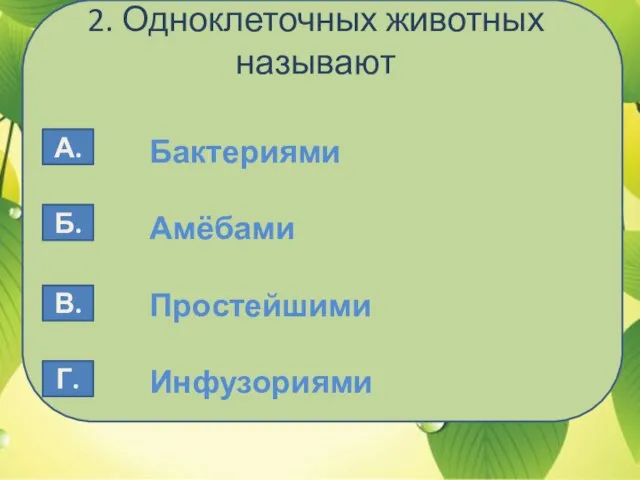 2. Одноклеточных животных называют Бактериями Амёбами Простейшими Инфузориями А. Б. В. Г.