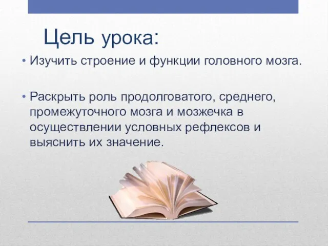 Цель урока: Изучить строение и функции головного мозга. Раскрыть роль продолговатого, среднего,