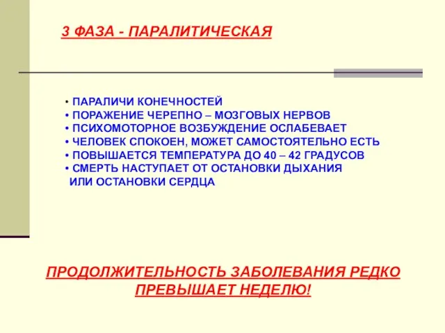 3 ФАЗА - ПАРАЛИТИЧЕСКАЯ ПАРАЛИЧИ КОНЕЧНОСТЕЙ ПОРАЖЕНИЕ ЧЕРЕПНО – МОЗГОВЫХ НЕРВОВ ПСИХОМОТОРНОЕ