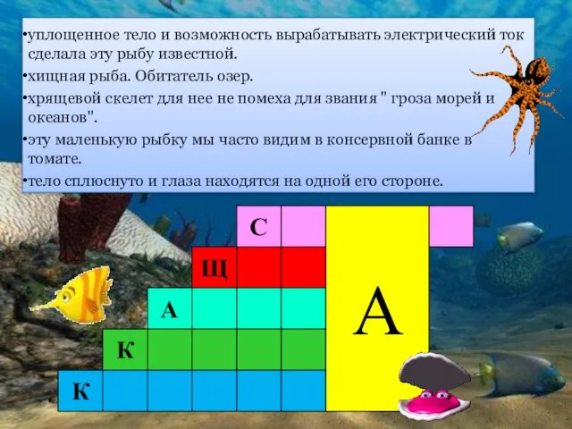 уплощенное тело и возможность вырабатывать электрический ток сделала эту рыбу известной. хищная