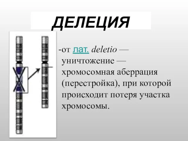 ДЕЛЕЦИЯ от лат. deletio — уничтожение — хромосомная аберрация (перестройка), при которой происходит потеря участка хромосомы.