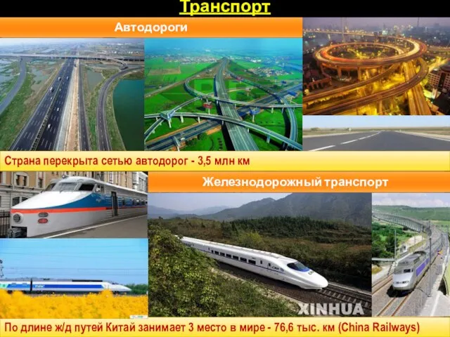 Транспорт Страна перекрыта сетью автодорог - 3,5 млн км Автодороги Железнодорожный транспорт