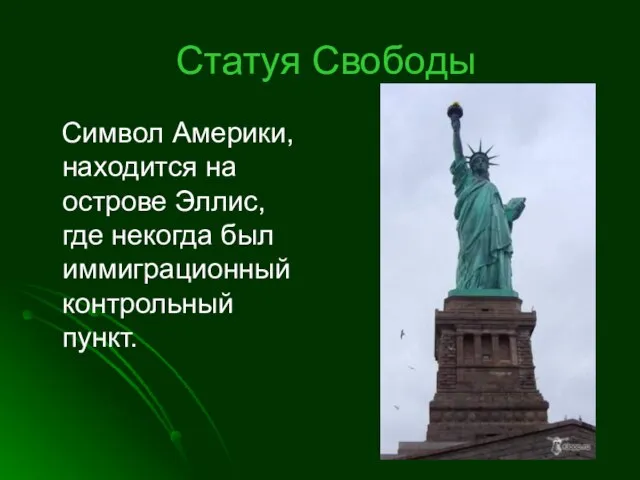 Статуя Свободы Символ Америки, находится на острове Эллис, где некогда был иммиграционный контрольный пункт.