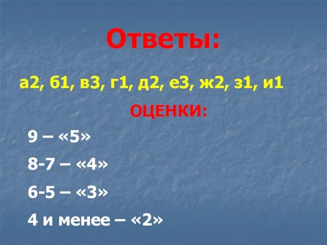 Ответы: а2, б1, в3, г1, д2, е3, ж2, з1, и1 9 –