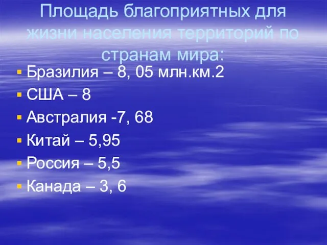 Площадь благоприятных для жизни населения территорий по странам мира: Бразилия – 8,