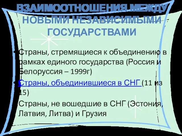 Взаимоотношения между новыми независимыми государствами Страны, стремящиеся к объединению в рамках единого