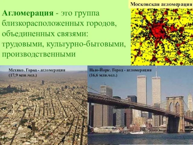 Агломерация - это группа близкорасположенных городов, объединенных связями: трудовыми, культурно-бытовыми, производственными Московская