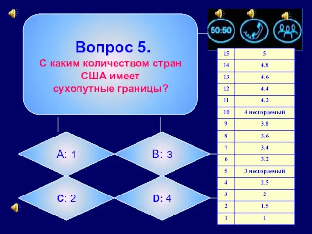 Вопрос 5. С каким количеством стран США имеет сухопутные границы? А: 1