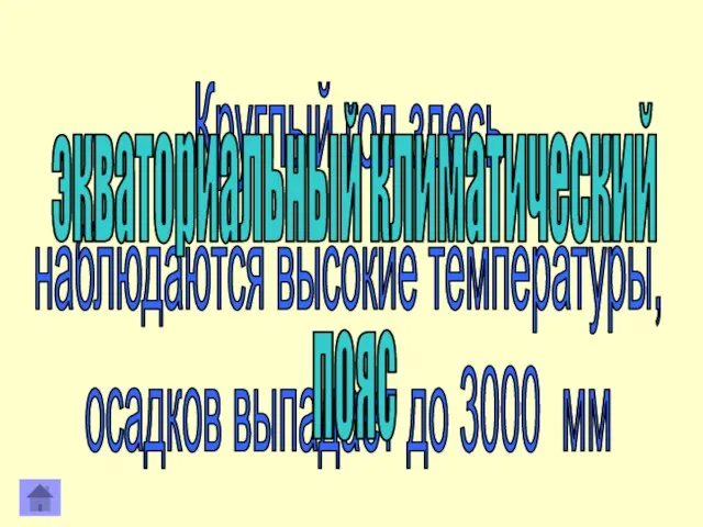 Круглый год здесь наблюдаются высокие температуры, осадков выпадает до 3000 мм экваториальный климатический пояс