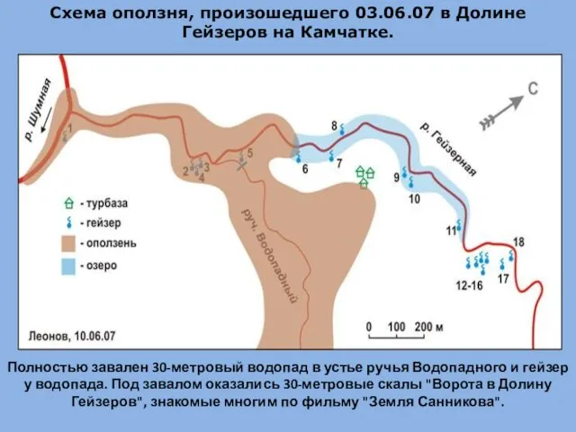 Схема оползня, произошедшего 03.06.07 в Долине Гейзеров на Камчатке. Полностью завален 30-метровый