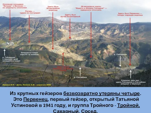 Из крупных гейзеров безвозвратно утеряны четыре. Это Первенец, первый гейзер, открытый Татьяной