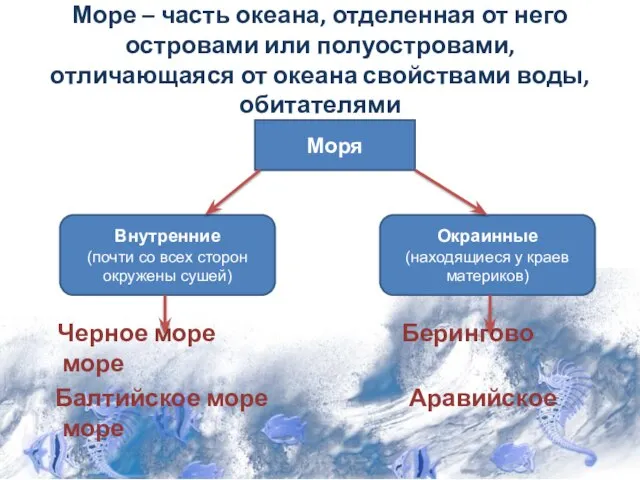 Море – часть океана, отделенная от него островами или полуостровами, отличающаяся от