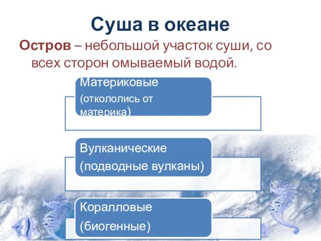 Суша в океане Остров – небольшой участок суши, со всех сторон омываемый водой.