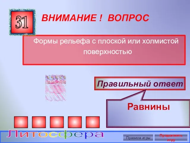 ВНИМАНИЕ ! ВОПРОС Формы рельефа с плоской или холмистой поверхностью 31 Правильный