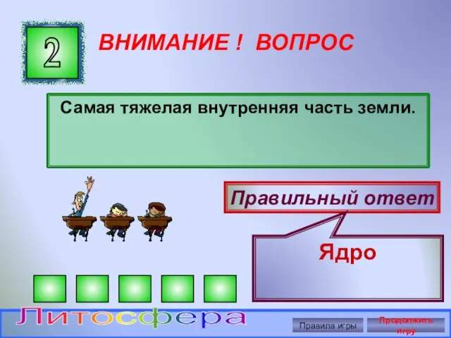 ВНИМАНИЕ ! ВОПРОС Самая тяжелая внутренняя часть земли. 2 Правильный ответ Ядро