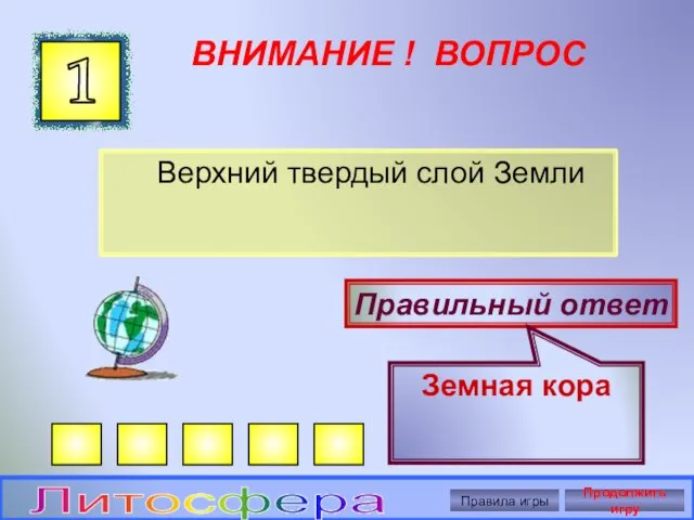 ВНИМАНИЕ ! ВОПРОС Верхний твердый слой Земли 1 Правильный ответ Земная кора