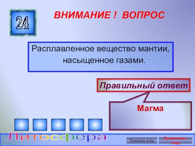 ВНИМАНИЕ ! ВОПРОС Расплавленное вещество мантии, насыщенное газами. 24 Правильный ответ Магма