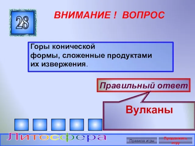 ВНИМАНИЕ ! ВОПРОС Горы конической формы, сложенные продуктами их извержения. 28 Правильный