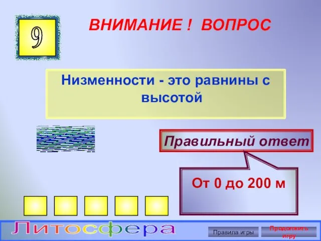 ВНИМАНИЕ ! ВОПРОС Низменности - это равнины с высотой 9 Правильный ответ