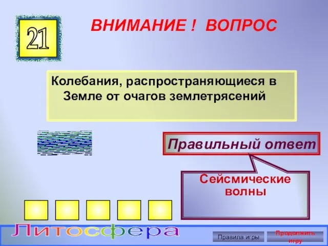 ВНИМАНИЕ ! ВОПРОС Колебания, распространяющиеся в Земле от очагов землетрясений 21 Правильный