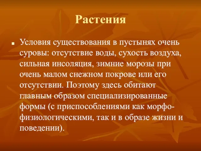 Растения Условия существования в пустынях очень суровы: отсутствие воды, сухость воздуха, сильная