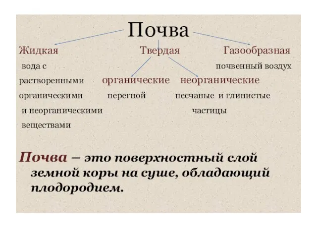 Почва Жидкая Твердая Газообразная вода с почвенный воздух растворенными органические неорганические органическими