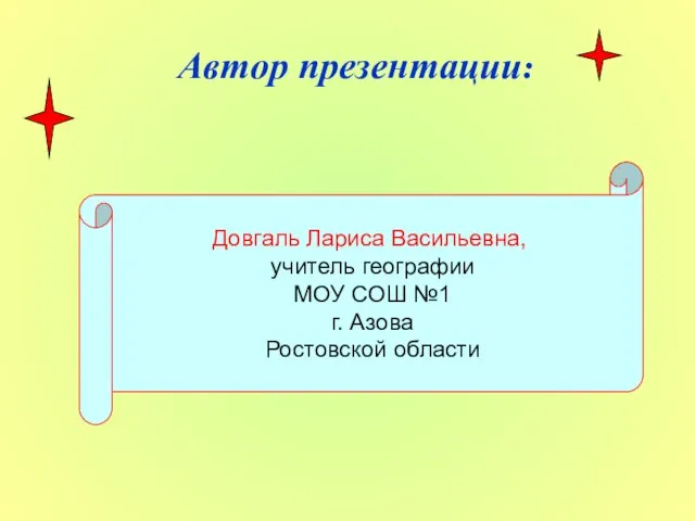 Автор презентации: Довгаль Лариса Васильевна, учитель географии МОУ СОШ №1 г. Азова Ростовской области