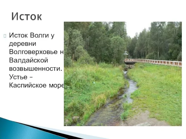 Исток Волги у деревни Волговерховье на Валдайской возвышенности. Устье – Каспийское море.