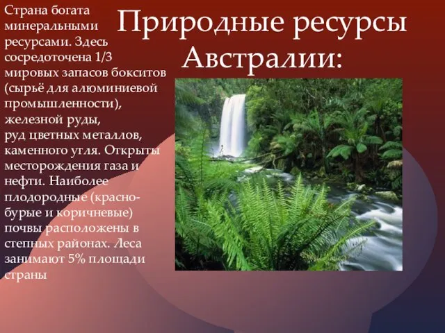 Природные ресурсы Австралии: Страна богата минеральными ресурсами. Здесь сосредоточена 1/3 мировых запасов