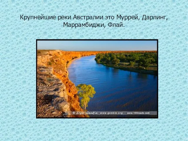 Крупнейшие реки Австралии это Муррей, Дарлинг, Маррамбиджи, Флай.