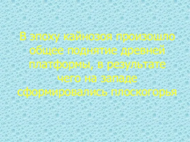 В эпоху кайнозоя произошло общее поднятие древней платформы, в результате чего на западе сформировались плоскогорья