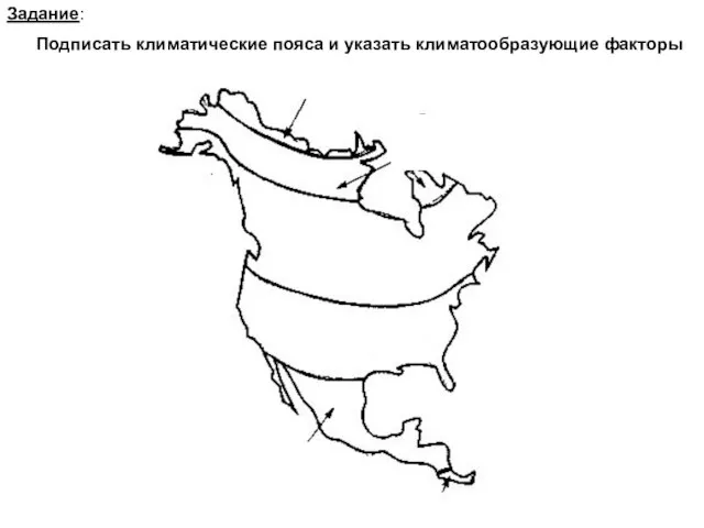 Задание: Подписать климатические пояса и указать климатообразующие факторы