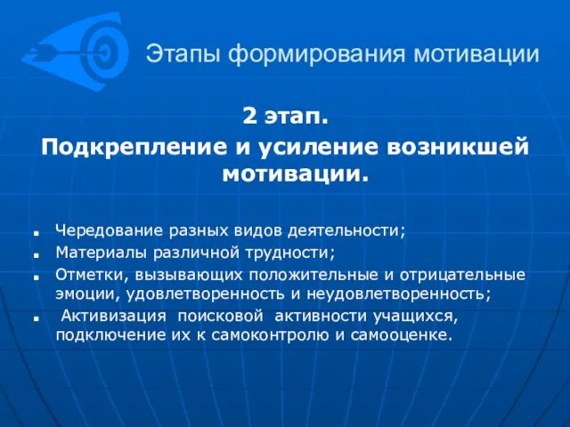 Этапы формирования мотивации 2 этап. Подкрепление и усиление возникшей мотивации. Чередование разных