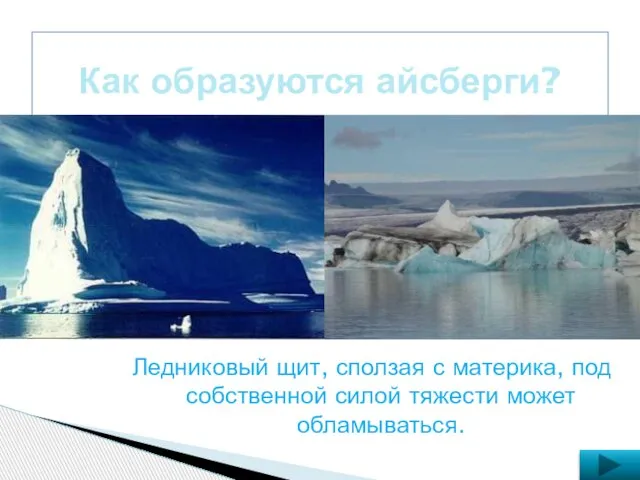 Как образуются айсберги? Ледниковый щит, сползая с материка, под собственной силой тяжести может обламываться.