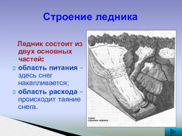 Строение ледника Ледник состоит из двух основных частей: область питания – здесь