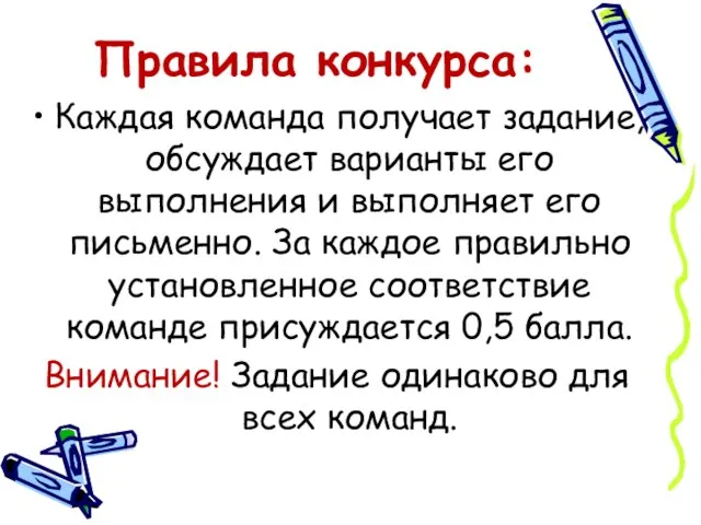 Правила конкурса: Каждая команда получает задание, обсуждает варианты его выполнения и выполняет