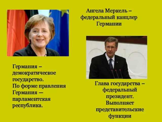 Ангела Меркель – федеральный канцлер Германии Глава государства – федеральный президент. Выполняет