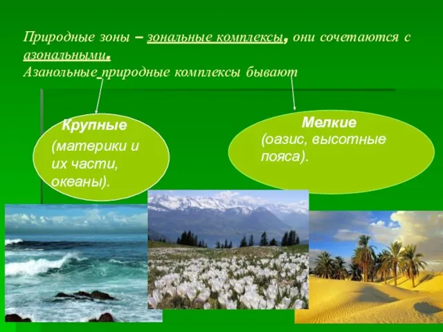 Природные зоны – зональные комплексы, они сочетаются с азональными. Азанольные природные комплексы