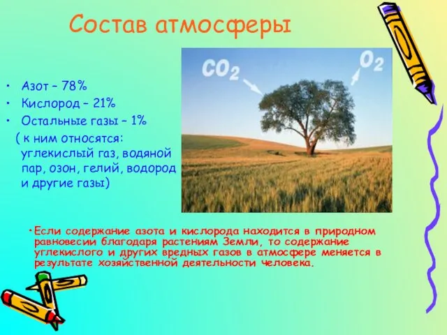 Состав атмосферы Азот – 78% Кислород – 21% Остальные газы – 1%