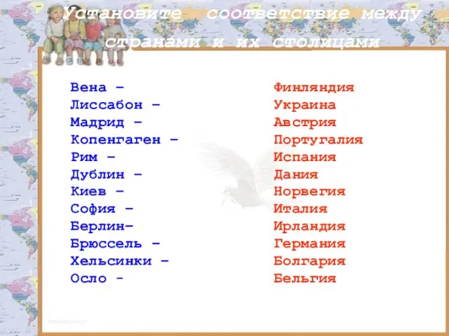 Установите соответствие между странами и их столицами Вена – Лиссабон – Мадрид