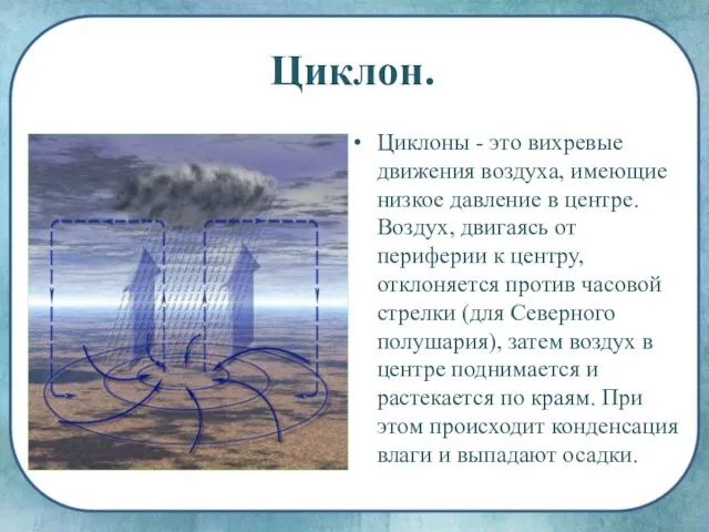 Циклон. Циклоны - это вихревые движения воздуха, имеющие низкое давление в центре.